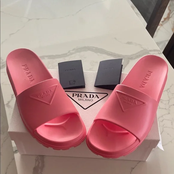 Prada Iconic Logo Vibrant Pink Slides - Picture 6 of 6